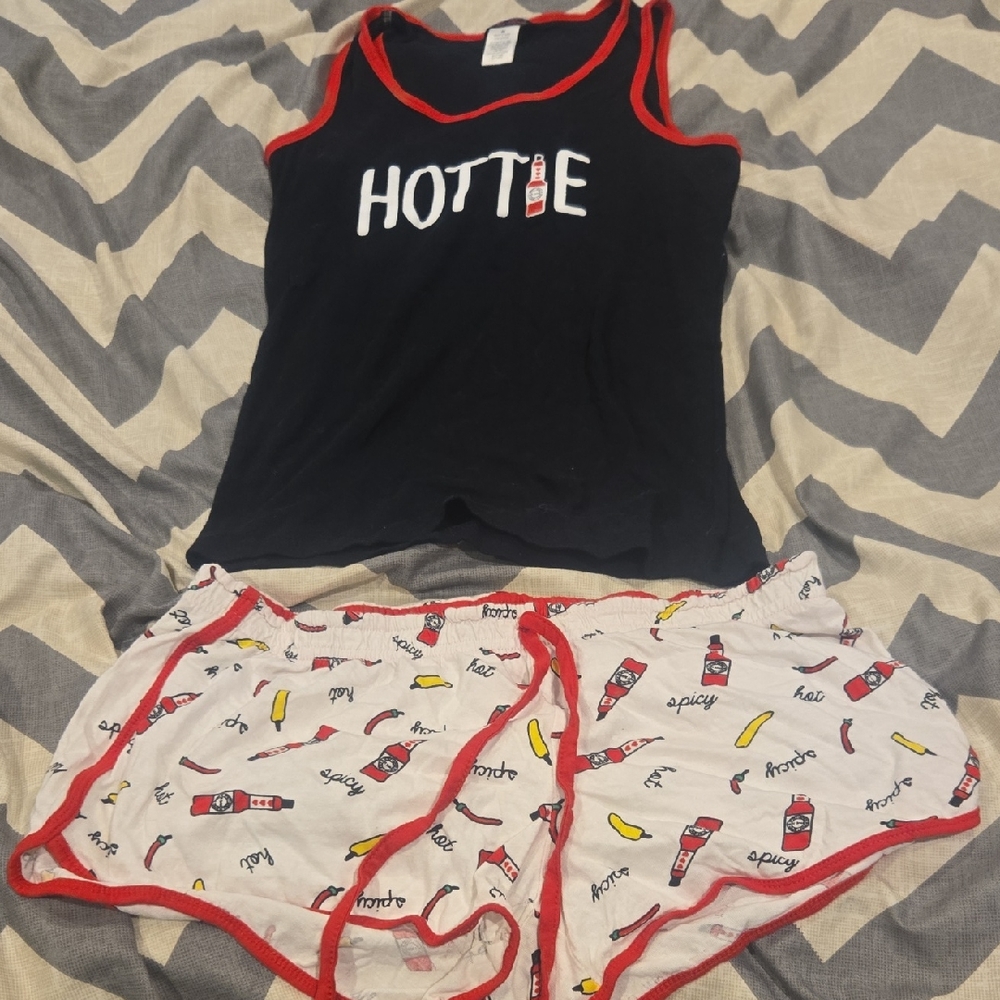 Womens Pajamas Set - Black and White with Red Trim Hot Spicy Peppers